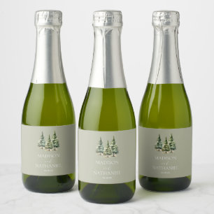 Étiquettes Pour Bouteilles De Vin Mousseux Mariage minimaliste de la forêt de pins neigeux d'