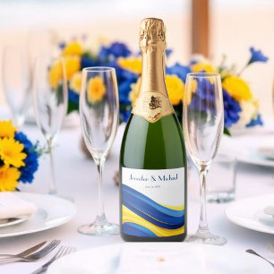 Étiquettes Pour Bouteilles De Vin Mousseux Mariage Moderne Bleu Cobalt et Jaune Citron