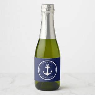 Étiquettes Pour Bouteilles De Vin Mousseux Mariage Nautique Élégant Ancre Marine et Blanc