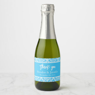 Étiquettes Pour Bouteilles De Vin Mousseux Mariage personnalisé Turquoise et blanc Damas