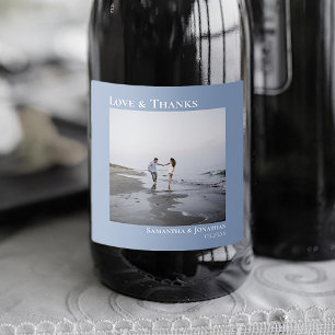 Étiquettes Pour Bouteilles De Vin Mousseux Mariage Photo Minimaliste Bleu Clair Amour & Merci