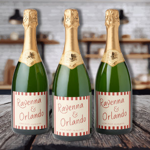 Étiquettes Pour Bouteilles De Vin Mousseux Mariage Rétro Minimaliste Rayures Ivoire Rouge