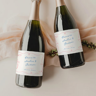 Étiquettes Pour Bouteilles De Vin Mousseux Mariage Rose et Bleu Dessiné à la Main de Manière