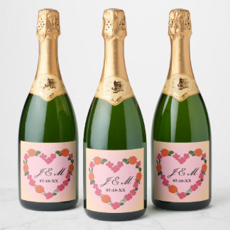 Étiquettes Pour Bouteilles De Vin Mousseux mariage rose et orange couronne de fleurs en coeur