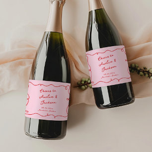 Étiquettes Pour Bouteilles De Vin Mousseux Mariage Rose et Rouge Dessiné à la Main de Manière