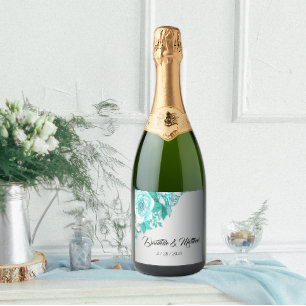 Étiquettes Pour Bouteilles De Vin Mousseux Mariage Rose Silver et Aqua