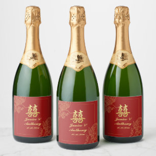 Étiquettes Pour Bouteilles De Vin Mousseux Mariage traditionnel chinois rouge Dragon Phénix