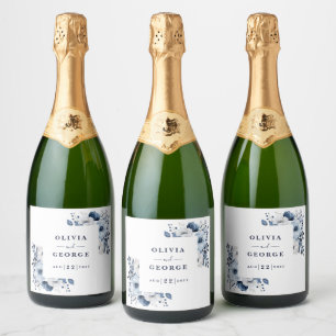 Étiquettes Pour Bouteilles De Vin Mousseux Marine Bleu Pays Élégant Floral Mariage