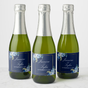 Étiquettes Pour Bouteilles De Vin Mousseux Marine Blue Gold Floral Élégant Mariage du soir Mi