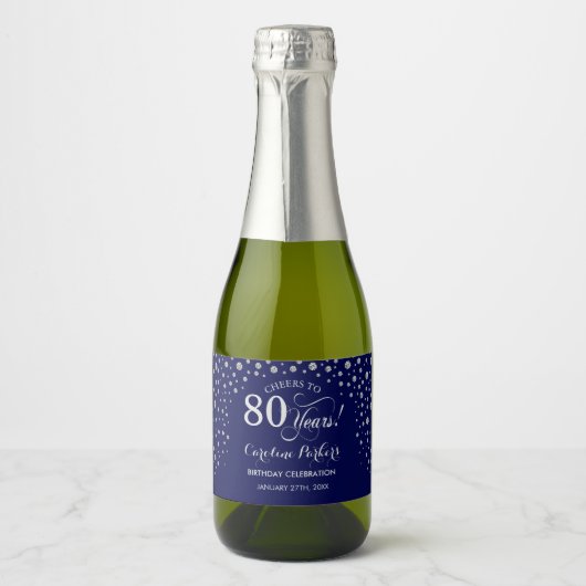 Étiquettes Pour Bouteilles De Vin Mousseux Marine Blue Silver 80e anniversaire (Devant)