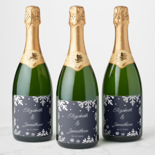 Étiquettes Pour Bouteilles De Vin Mousseux Marine Blue Snowflakes Mariage d'hiver
