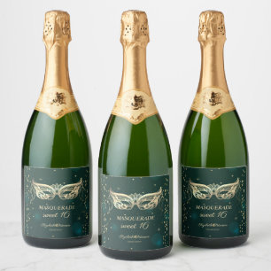 Étiquettes Pour Bouteilles De Vin Mousseux Masquerade Or Diamants Étoiles Vert Douce 16