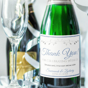 Étiquettes Pour Bouteilles De Vin Mousseux Merci de mariage élégant bleu clair et gris