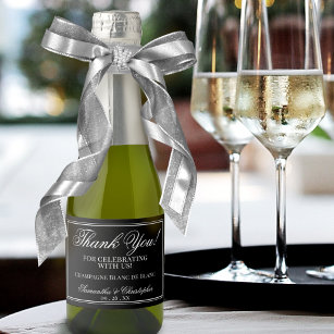 Étiquettes Pour Bouteilles De Vin Mousseux Merci Mariage minimaliste blanc sur Mini noir