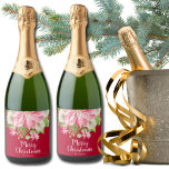 Étiquettes Pour Bouteilles De Vin Mousseux Merry Christmas Floral Poinsettia Holiday Red<br><div class="desc">Personalized red Christmas sparkling wine bottle labels that feature a large pink poinsettia,  winter flowers,  pines and holly leaves your details in chic lettering. MATCHING items in our store.</div>