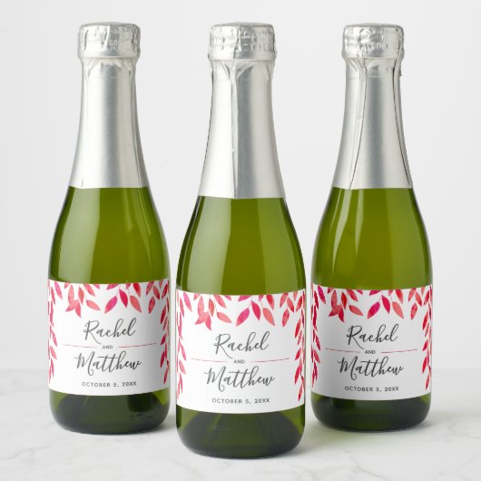 Étiquettes Pour Bouteilles De Vin Mousseux Mini Mariage Feuille rose chaud (Bouteilles)