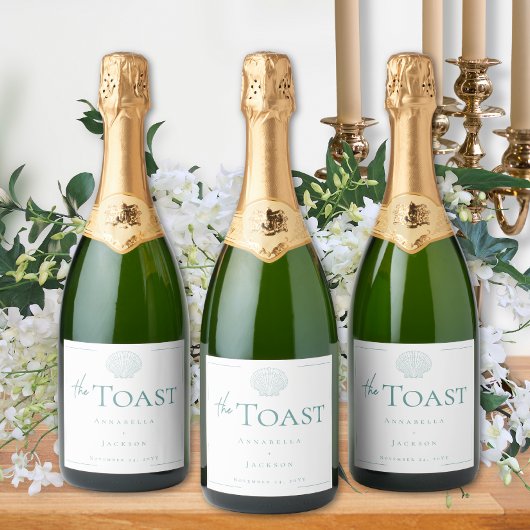 Étiquettes Pour Bouteilles De Vin Mousseux Minimal Typography Aqua & White Seashell Wedding