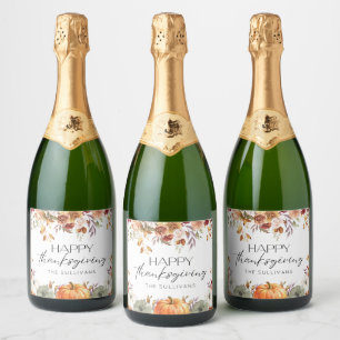 Étiquettes Pour Bouteilles De Vin Mousseux Moderne Floral Citrouille Rustique Thanksgiving Dî