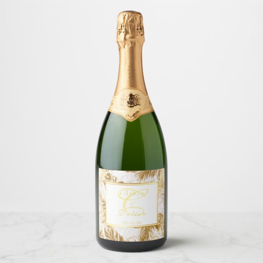 Étiquettes Pour Bouteilles De Vin Mousseux Monogramme Elegant Monstera Gilded Gold Mariage (Devant)