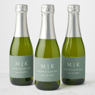 Étiquettes Pour Bouteilles De Vin Mousseux Monogramme minimaliste moderne Mariage Sage vert M