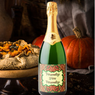 Étiquettes Pour Bouteilles De Vin Mousseux Motif cachemire victorien élégant rouge vert or