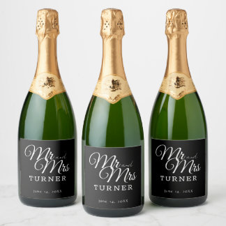 Étiquettes Pour Bouteilles De Vin Mousseux Noir et blanc M. et Mme Mariage