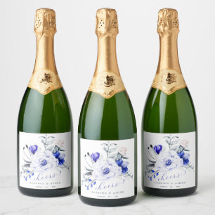 Étiquettes Pour Bouteilles De Vin Mousseux Nuance De Mariage Floral Bleu Royal Ivoire