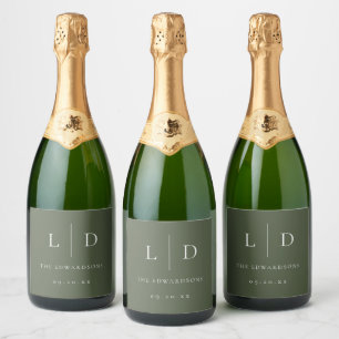 Étiquettes Pour Bouteilles De Vin Mousseux Olive Green Élégant minimaliste Monogramme Mariage