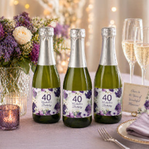 Étiquettes Pour Bouteilles De Vin Mousseux Paillettes Florales Blanches Violettes 40e Anniver
