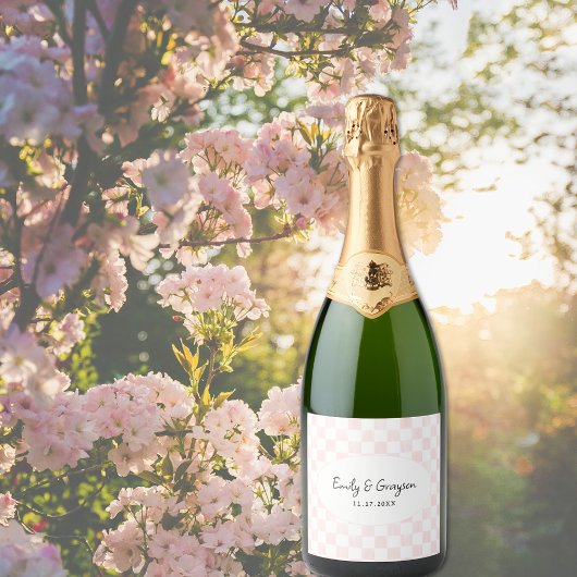 Étiquettes Pour Bouteilles De Vin Mousseux Painted Pink Checkerboard Pattern Wedding