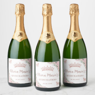 Étiquettes Pour Bouteilles De Vin Mousseux Papillons Roses en fleurs de cerisier Quinceañera