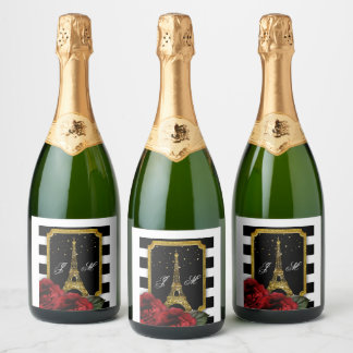 Étiquettes Pour Bouteilles De Vin Mousseux Paris Rose Tour Eiffel Bande blanche