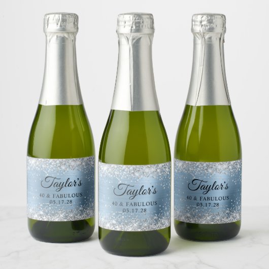 Étiquettes Pour Bouteilles De Vin Mousseux Parties scintillant Argent Foil Bleu clair 40 & Fa (Bouteilles)