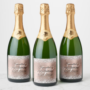 Étiquettes Pour Bouteilles De Vin Mousseux Parties scintillant d'argent Rose or Monogramme 21