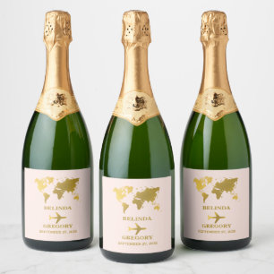 Étiquettes Pour Bouteilles De Vin Mousseux Passeport Mariage Destination Monde Rose Pâle Doré