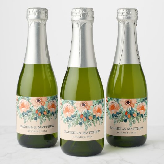 Étiquettes Pour Bouteilles De Vin Mousseux Peach Jade Turquoise Floral Aquarelle Mariage Mini (Bouteilles)
