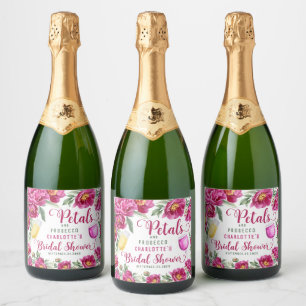 Étiquettes Pour Bouteilles De Vin Mousseux Pétales et Prosecco Fête des mariées rose chaud Fl