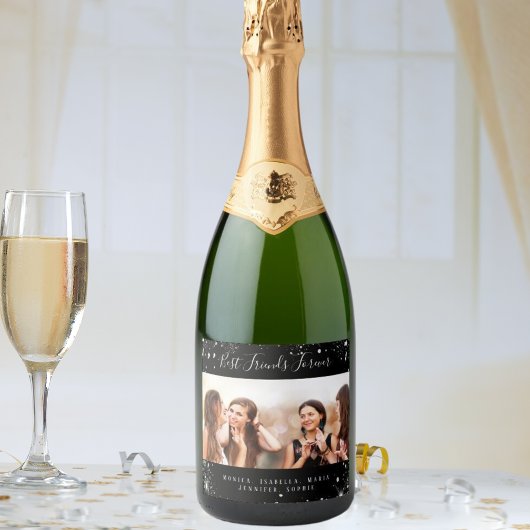 Étiquettes Pour Bouteilles De Vin Mousseux Photo amis pour toujours paillettes noir argent