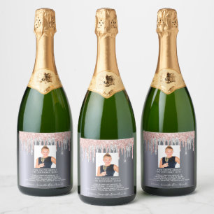 Étiquettes Pour Bouteilles De Vin Mousseux Photo d'anniversaire argent rose fun faits bio