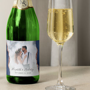 Étiquettes Pour Bouteilles De Vin Mousseux Photo de mariage Navy Blue Rose Gold Agate