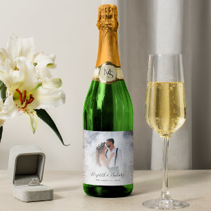 Étiquettes Pour Bouteilles De Vin Mousseux Photo de mariage Rose Gold Pailleté