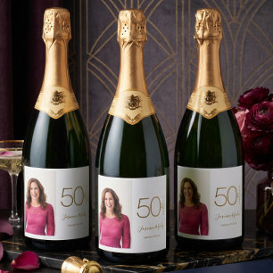 Étiquettes Pour Bouteilles De Vin Mousseux Photo personnalisé 50e anniversaire or blanc 50 & 