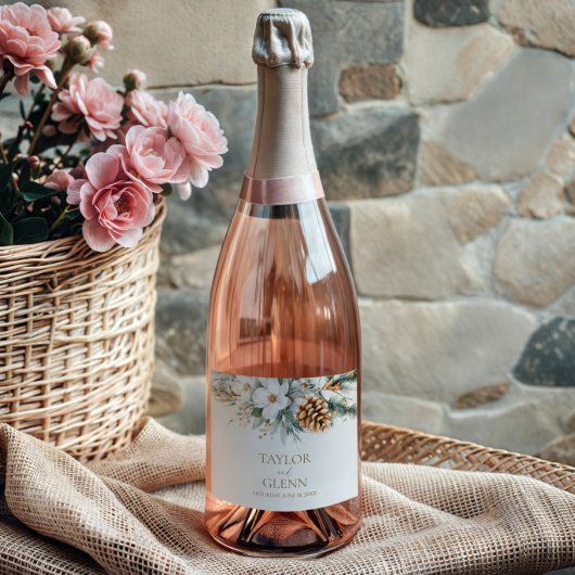 Étiquettes Pour Bouteilles De Vin Mousseux Pine d'hiver Fleur Floral Jardin Mariage