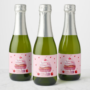 Étiquettes Pour Bouteilles De Vin Mousseux Pink Baby First Cherry & Cupcake Anniversaire