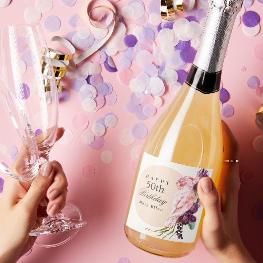Étiquettes Pour Bouteilles De Vin Mousseux Pink Parrot Boho Tropical 50e anniversaire