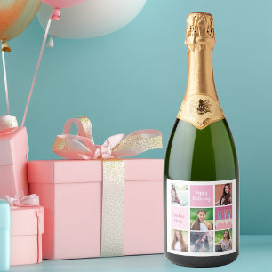 Étiquettes Pour Bouteilles De Vin Mousseux Pink Photo Collage Custom Femmes's Birthday Party