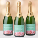 Étiquettes Pour Bouteilles De Vin Mousseux Pink Roses on Glitzy Aqua Sparkling Wine Label<br><div class="desc">Elegant alcohol spirits bottle label features three simple gorgeous pink roses on a faux glittery pearl aqua color background. Perfect for weddings,  rehearsal dinners or other formal toasting occasions with its easily editable text.</div>
