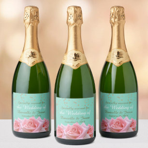 Étiquettes Pour Bouteilles De Vin Mousseux Pink Roses on Glitzy Aqua Sparkling Wine Label