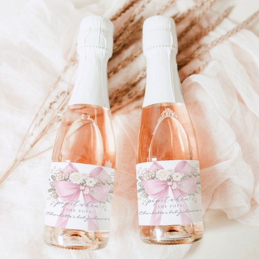 Étiquettes Pour Bouteilles De Vin Mousseux Pop it When She pops Pink Eucalyptus Bow