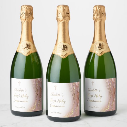 Étiquettes Pour Bouteilles De Vin Mousseux première communion de marbre rose (Bouteilles)
